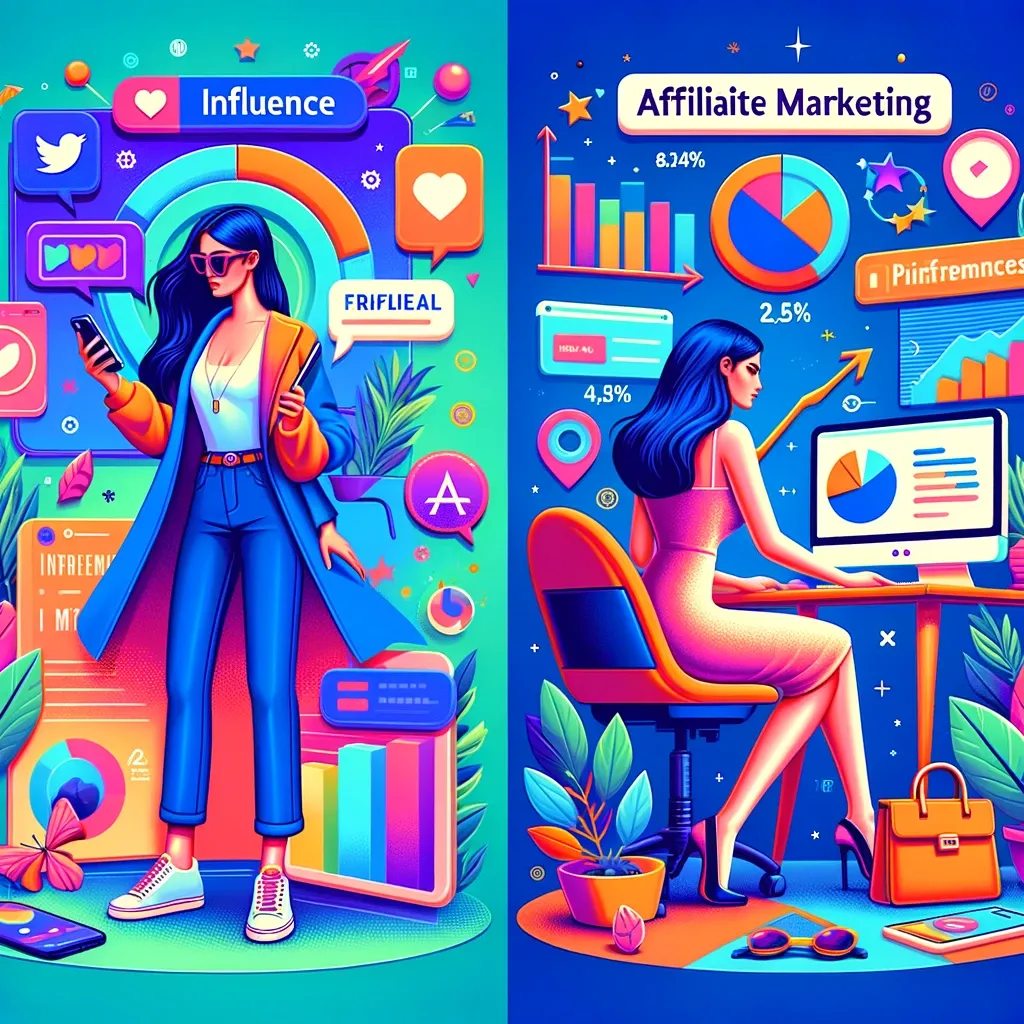 An imaginative illustration contrasting influencer marketing and affiliate marketing. On the left, influencer marketing is depicted by a trendy, dynamic individual using a smartphone, surrounded by colorful social media icons and lifestyle imagery, dressed in fashionable attire, symbolizing appeal to a modern, social media-centric audience. On the right, affiliate marketing is represented by a focused individual working on a computer, with analytics charts, click-through rates, and referral links, wearing professional clothing, emphasizing a strategic, data-driven approach. The image uses vivid colors and playful elements to distinctly yet cohesively present these two digital marketing strategies.
